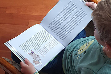 Ein Junge liest die Geschichte über die Abenteuer der fünf tierischen Freunde