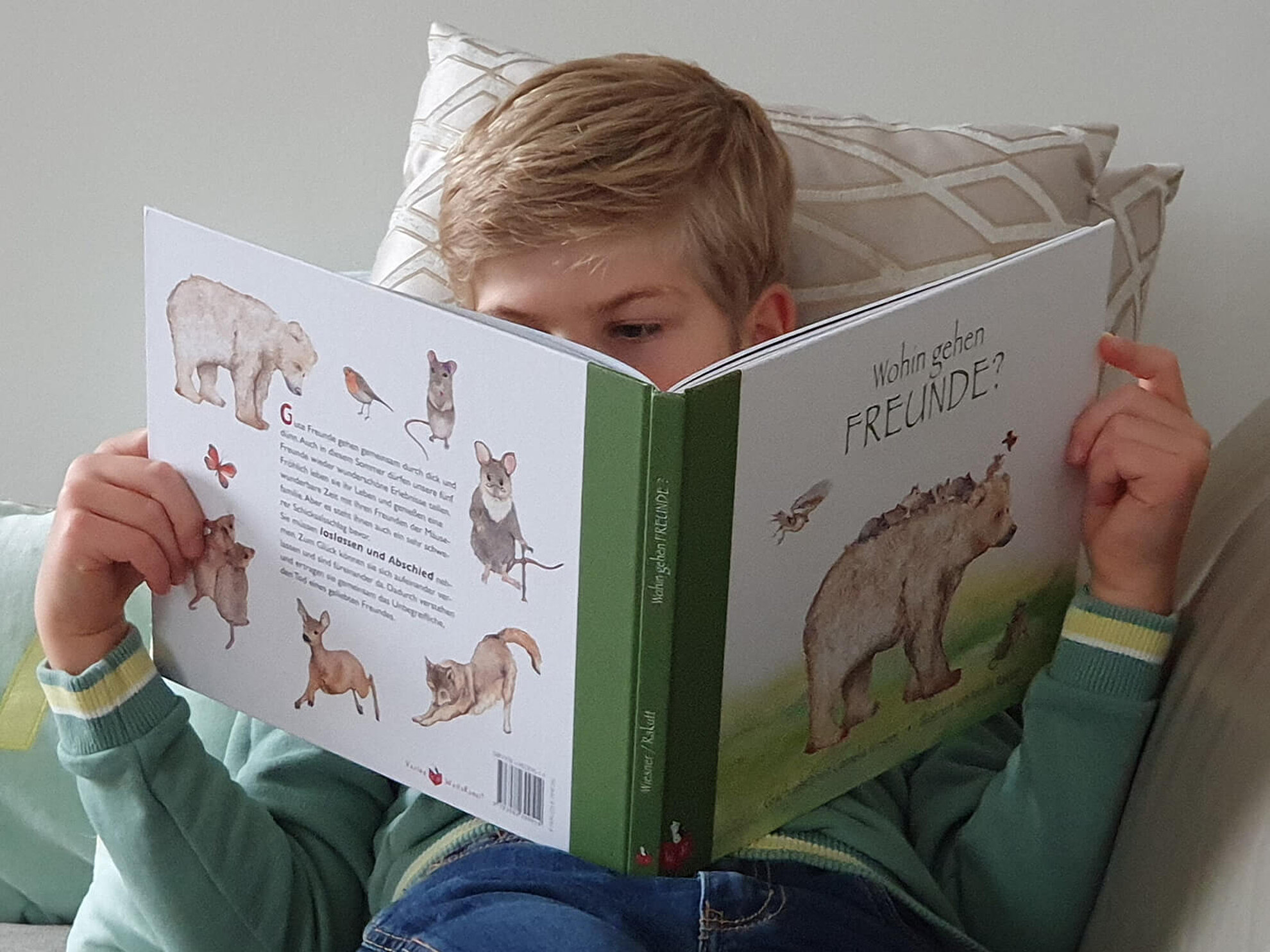 Ein Junge liest das buch «Wohin gehen Freunde?»